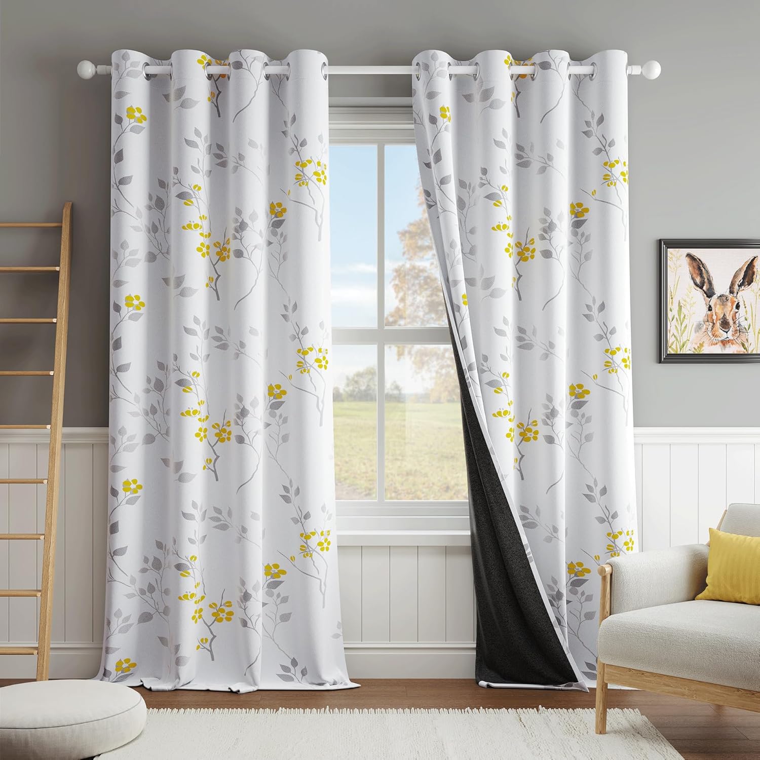 Beauoop Yellow Grey Floral Blackout Curtains for Living Room Bedroom 90 Inch Drop Leaf Print White Eyelet Curtain Botanical Thermal Insulated Noise Reducing Window Curtain Drapes 2 Panels
