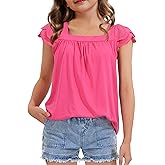 KEREDA Girls Short Sleeve Shirts Summer Tunic Tops Lace Openwork Ruffled Girls Cute Square Neck Clothes Blouse 5-14 Years