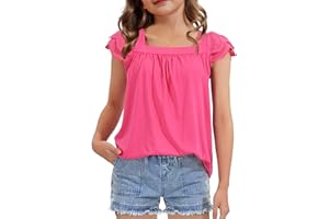 KEREDA Girls Short Sleeve Shirts Summer Tunic Tops Lace Openwork Ruffled Girls Cute Square Neck Clothes Blouse 5-14 Years