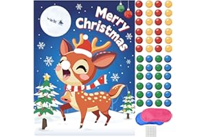Christmas Games Pin the Nose on the Reindeer, Xmas Party Game Holiday Birthday Games Family Activities with 2 Blindfolds, 48 