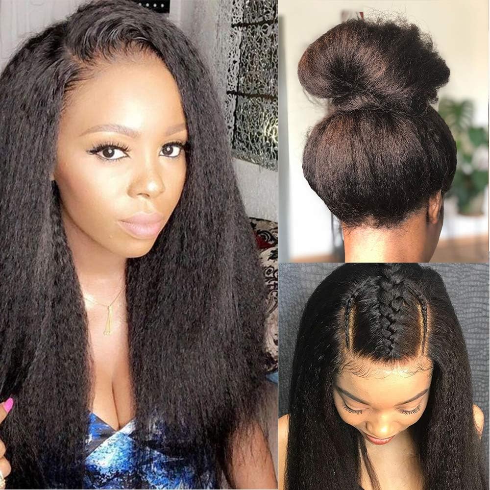 Glueless 360 Lace Frontal Wigs Kinky Straight Human Hair Wig with Baby Hair Pre Plucked Italian Yaki 360 Lace Front Wigs For Women 150 Density Peruvian Remy Hair Natural Hairline (14inch, KS)