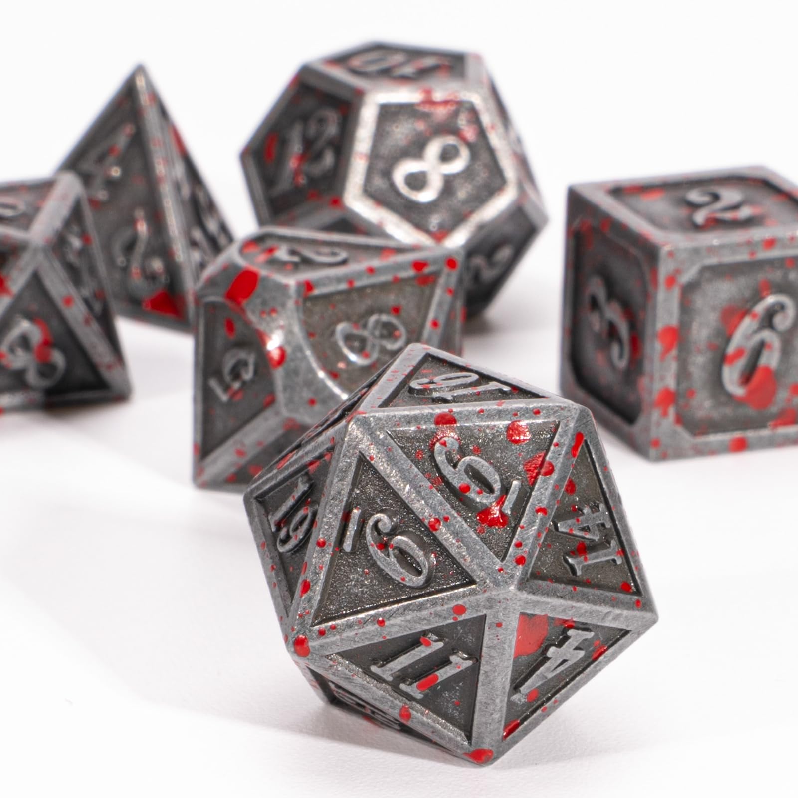 HNCCESG Metal Polyhedral DND Dice Set,7-Piece Solid Metal RPG Dice for Tabletop Gaming (Silver Blood)
