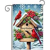 BlissYard Christmas Cardinal Garden Flag 12x18 Double Sided - Winter Merry Christmas Flag With Cardinal Birds, Poinsettia, and Birdhouse - Holiday Outdoor Yard Lawn Decoration