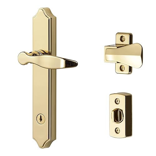 Ideal Security 1216 Surface Mount Storm Door Handle with Lock and Key for 1 – 1 ½ inches Thick Doors (Bright Brass, 4-Posts)