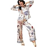 MakeMeChic Women's 2 Piece Valentines Pajamas Sets Cheetah Print Collared Shirt and Pants PJ Satin Silk Set