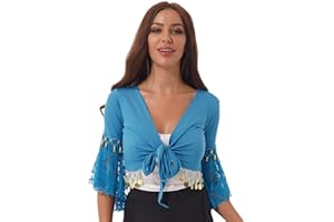 XUNZOO Women Glitter Bead Tassel Belly Dance Top Lace 3/4 Flared Sleeves Shawl Crop Tops Dancewear
