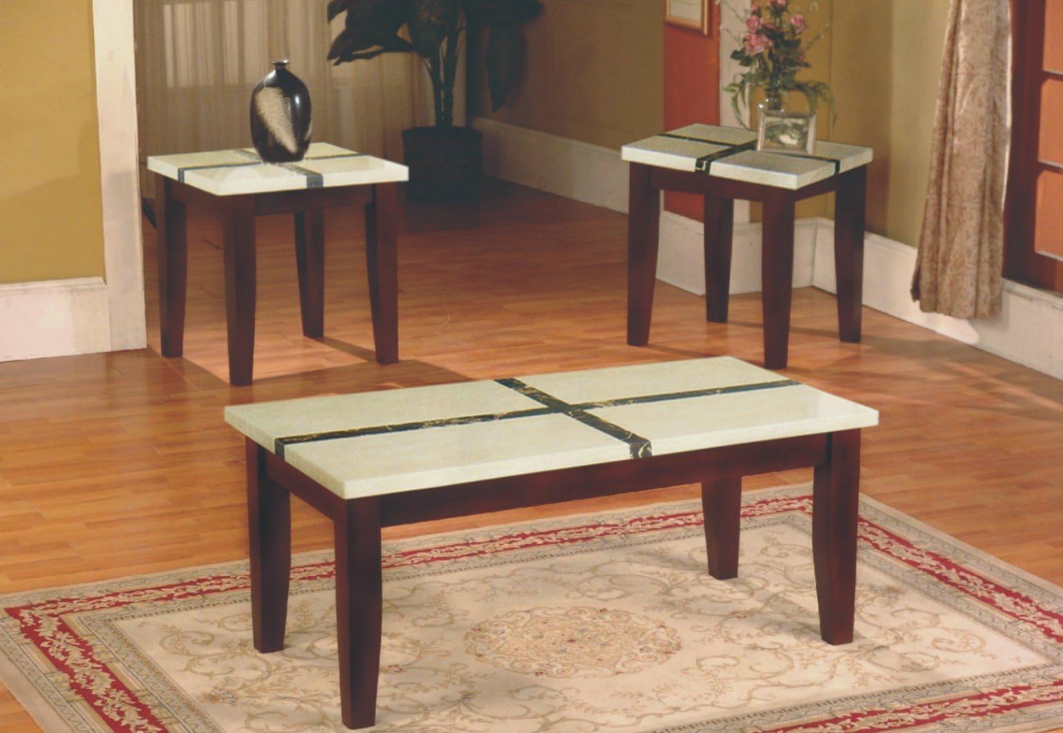 Maison Furniture 3 PC Cherry Finish Wood Faux Marble Top Table Set (White)