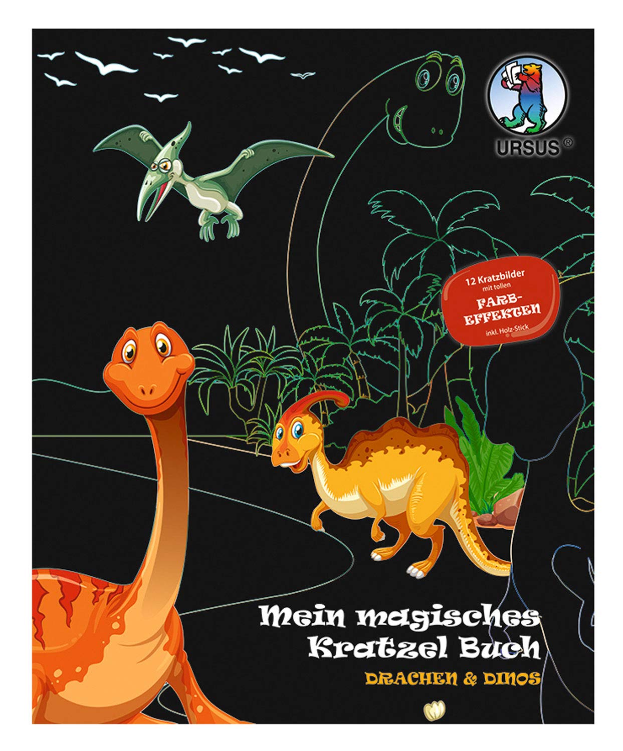 Ursus My Magical Book Dragon & Dinos, Scratch Pictures, Approx. 21 x 26 cm in Size, with Colour Effects and 12 Mandalas, Including Wooden Stick