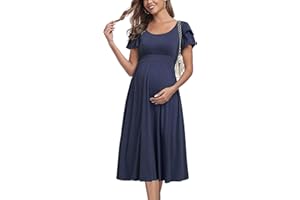 JINDIIM Ruffle Short Sleeve Maternity Dress High Waisted Midi Spring Baby Shower Dresses