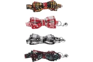 PERSELOSO 4pcs Adjustable Christmas Pet Collars with Bell and Bow Tie Festive Xmas Cat and Small Dog Neckwear