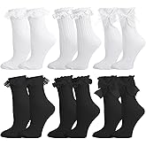 Jspupifip 6 Pairs Lace Ruffle Crew Socks for Women,Cotton Cute Princess Ankle Dress Lace Socks for Women Girls