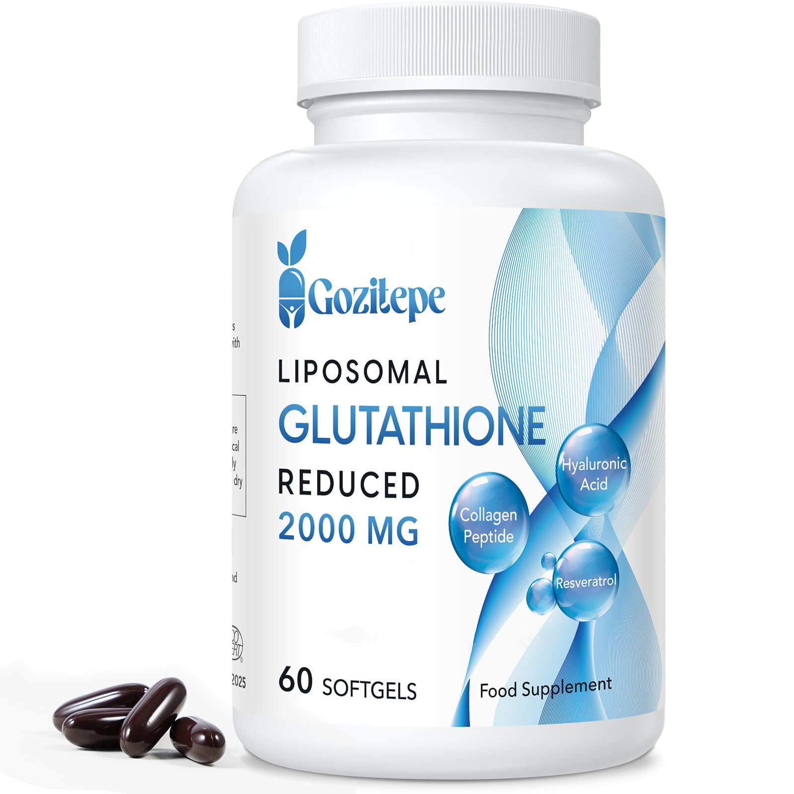 Gozitepe Liposomal Glutathione Reduced 2000mg per Serving | Glutathione Supplement with Hyaluronic Acid + Collagen Peptide + Resveratrol | 10x Better Absorption (60 Count (Pack of 1))