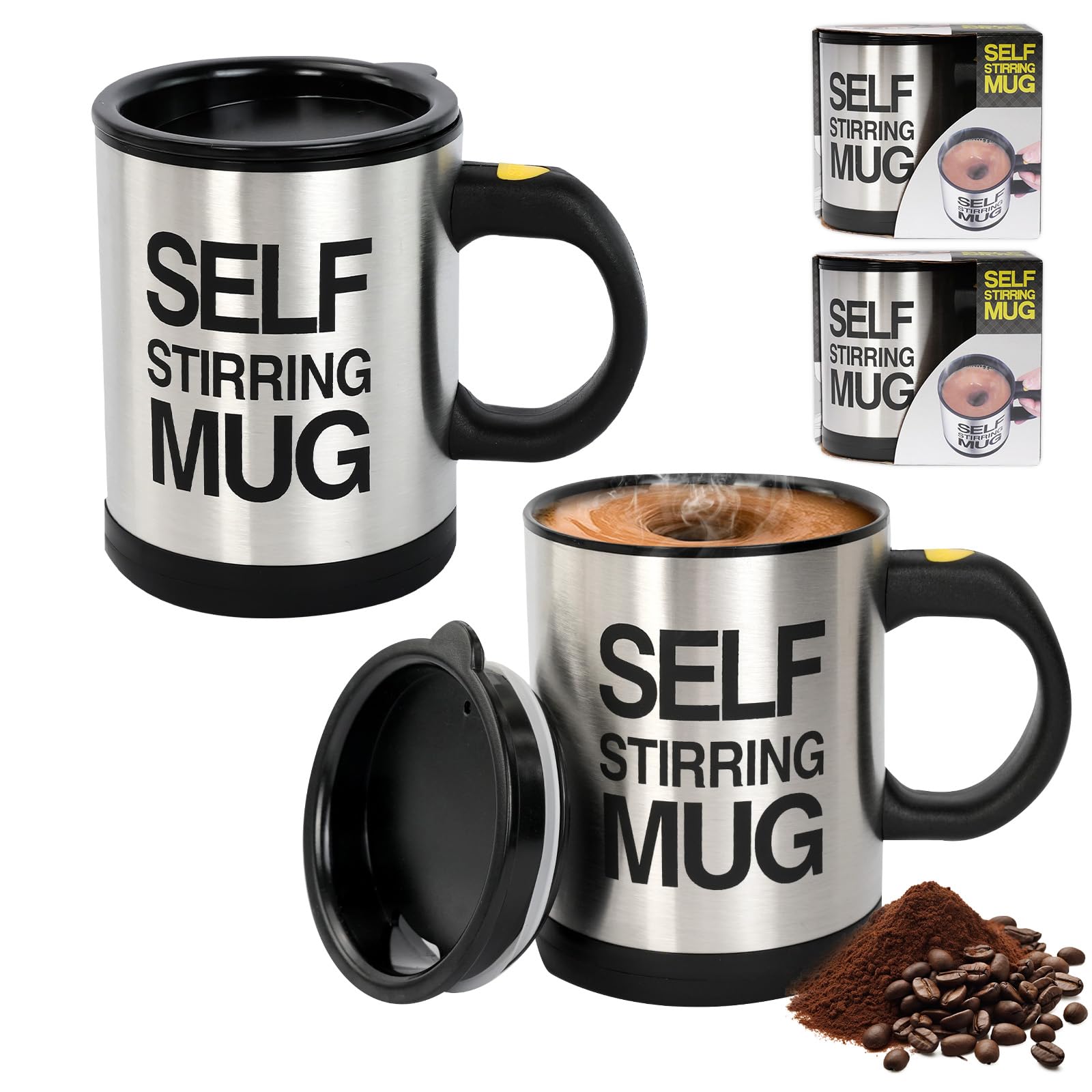 RETON 2 Pack Self-Stirring Coffee Mug Cup Stainless Steel Automatic Mixing Tea Coffee Cup Lazy Mixer Mug for Home Office Travelling, Silver/Black