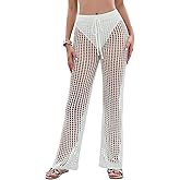 Eddoyee Womens Crochet Cover Up Pants Summer Beach Swimsuit Coverup 2025 High Waisted Sexy Mesh Knit Coverup Pants