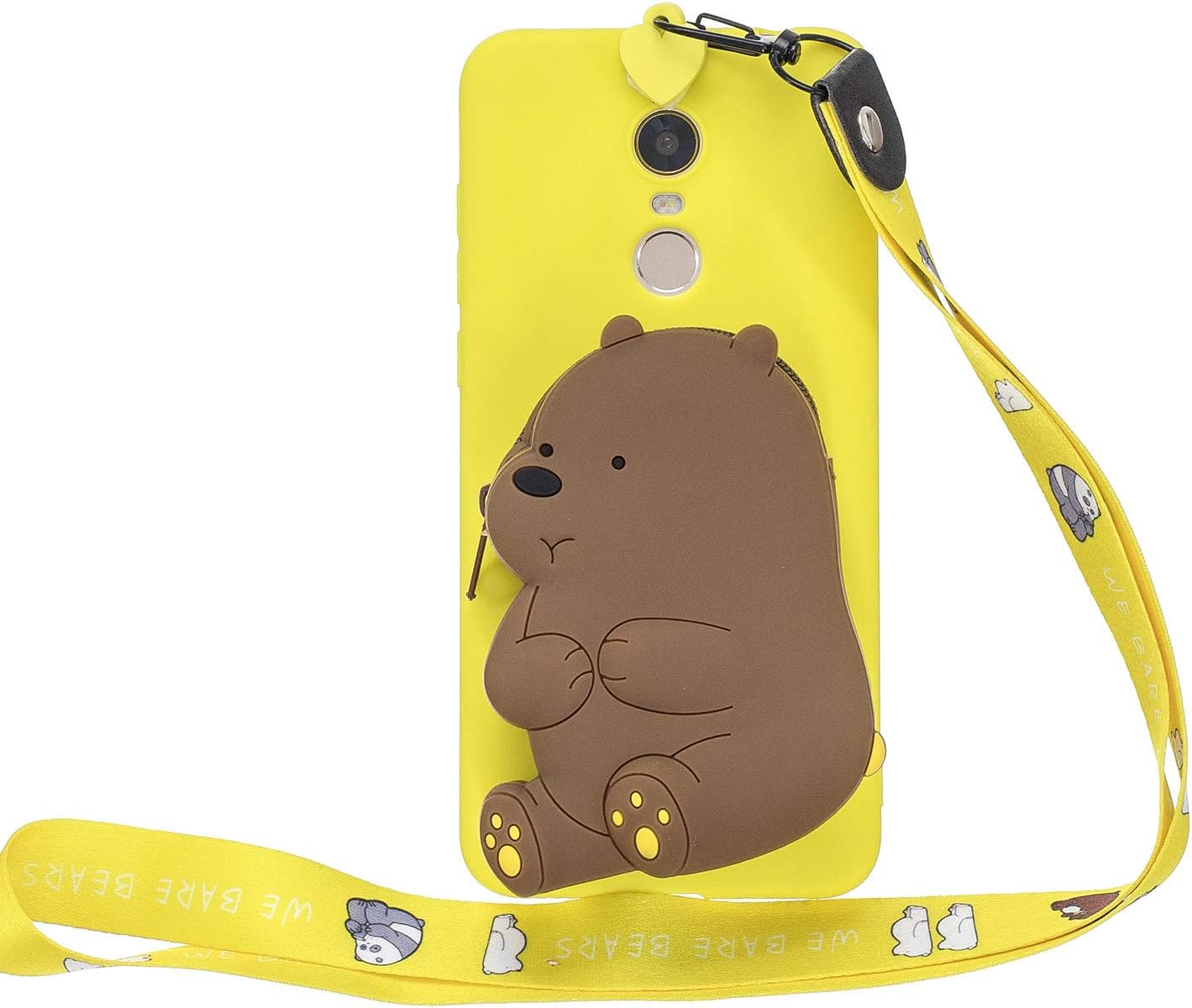 Miagon Silicone Cover for Xiaomi Redmi 5 Plus,3D Cute Wallet Storage Bag Design Case with Necklace Neck Strap Chain Cord Band,Yellow Bear