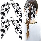 Mxxipp 2pcs Cow Print Hair Band for Women Girls, Non-Slip Bowknot Elastic Hair Tie Ropes, Rabbit Bunny Ear Bow Ponytail Holder Hair Scrunchies Accessories for Curly Straight Thin Thick Fine Hair
