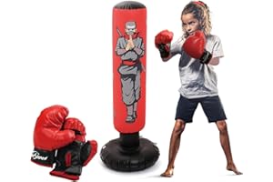 Inflatable Kids Punching Bag with Boxing Gloves, 47" High Free Standing Bounce Back Bag for MMA, Karate, Taekwondo and Kick, 