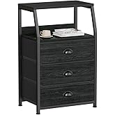 Furnulem Black Night Stand, Small Dresser for Bedroom, Nightstand with 3 Fabric Storage Drawers and 2-Tier Shelf, End Table Side Furniture for Closet, Hallway, Nursery, Sturdy Steel Frame, Wood Top