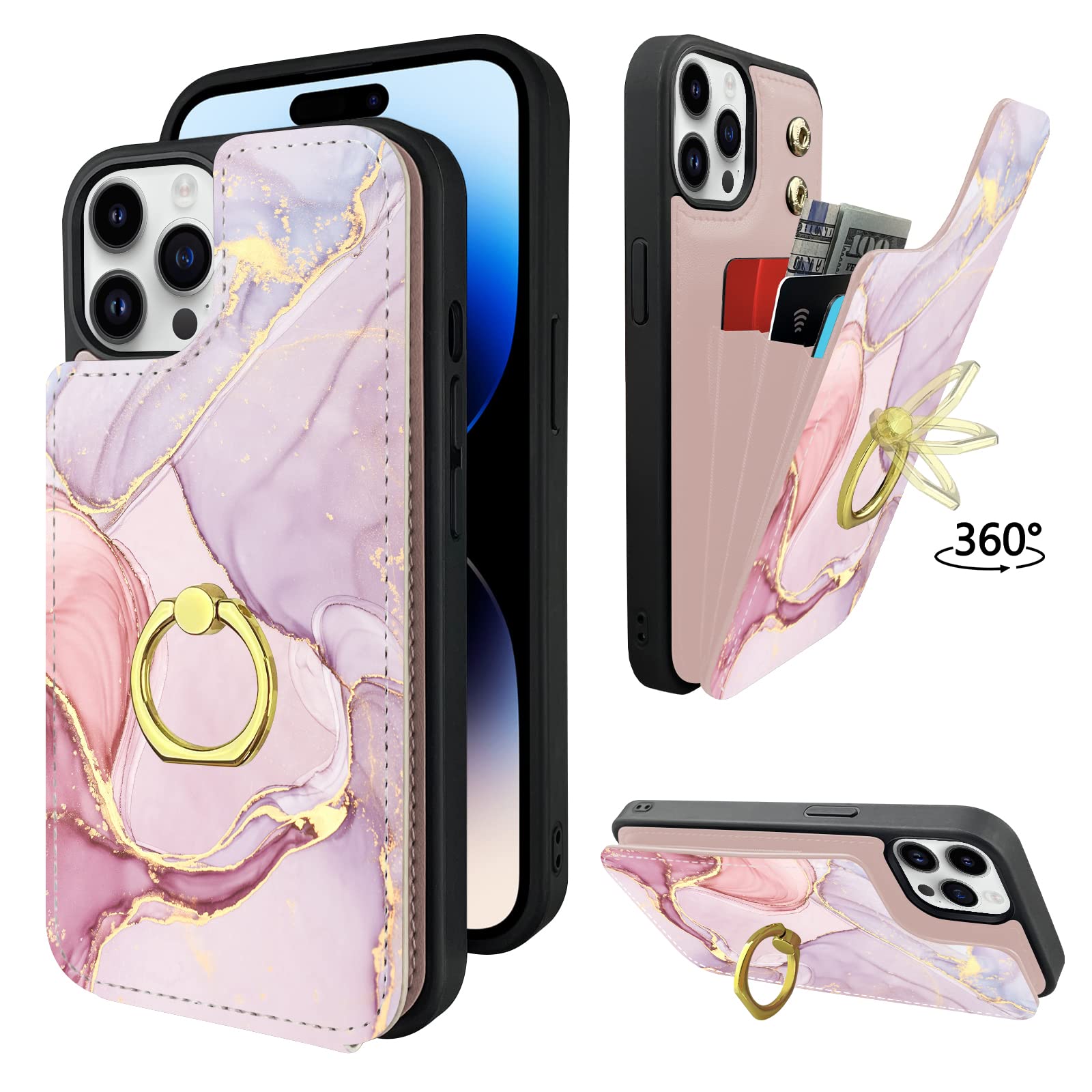 Photo 1 of ????TopPerfekt Compatible with iPhone 14 Pro Wallet Case with Card Holder, 360°Rotation Finger Ring Holder Kickstand Protective RFID Blocking PU Leather Pattern Double Buttons Flip 6.1" Marble