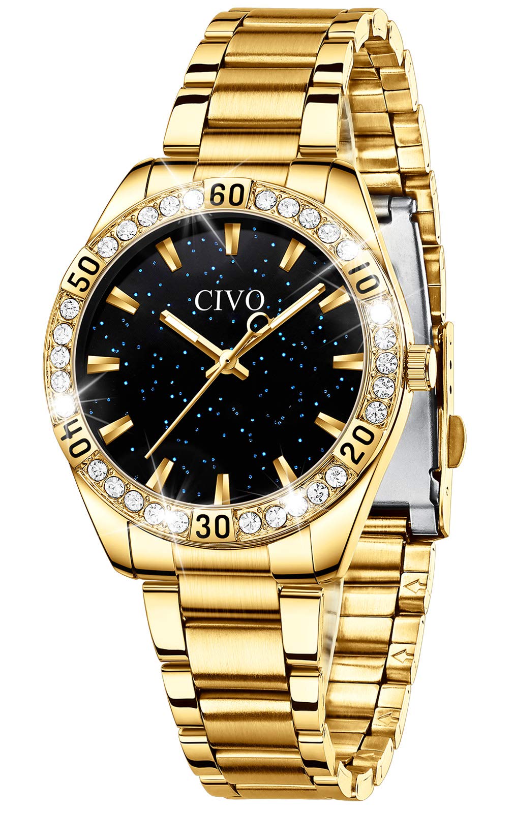 CIVO Ladies Watch Gold Stainless Steel Starry Sky Designer Analogue Waterproof Luminous Fashion Stone Dress Wrist Watch