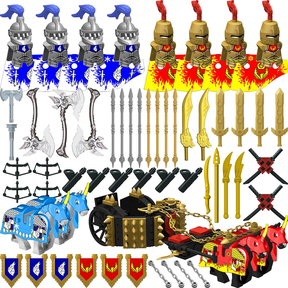 Nicolababe Weapon Pack Accessories Kit for Minifigures Knight Weapons Set Include Horse Carriage, Barding, Armor, Helmet, Shield - Compatible with All Major Brands (Medieval chariot)