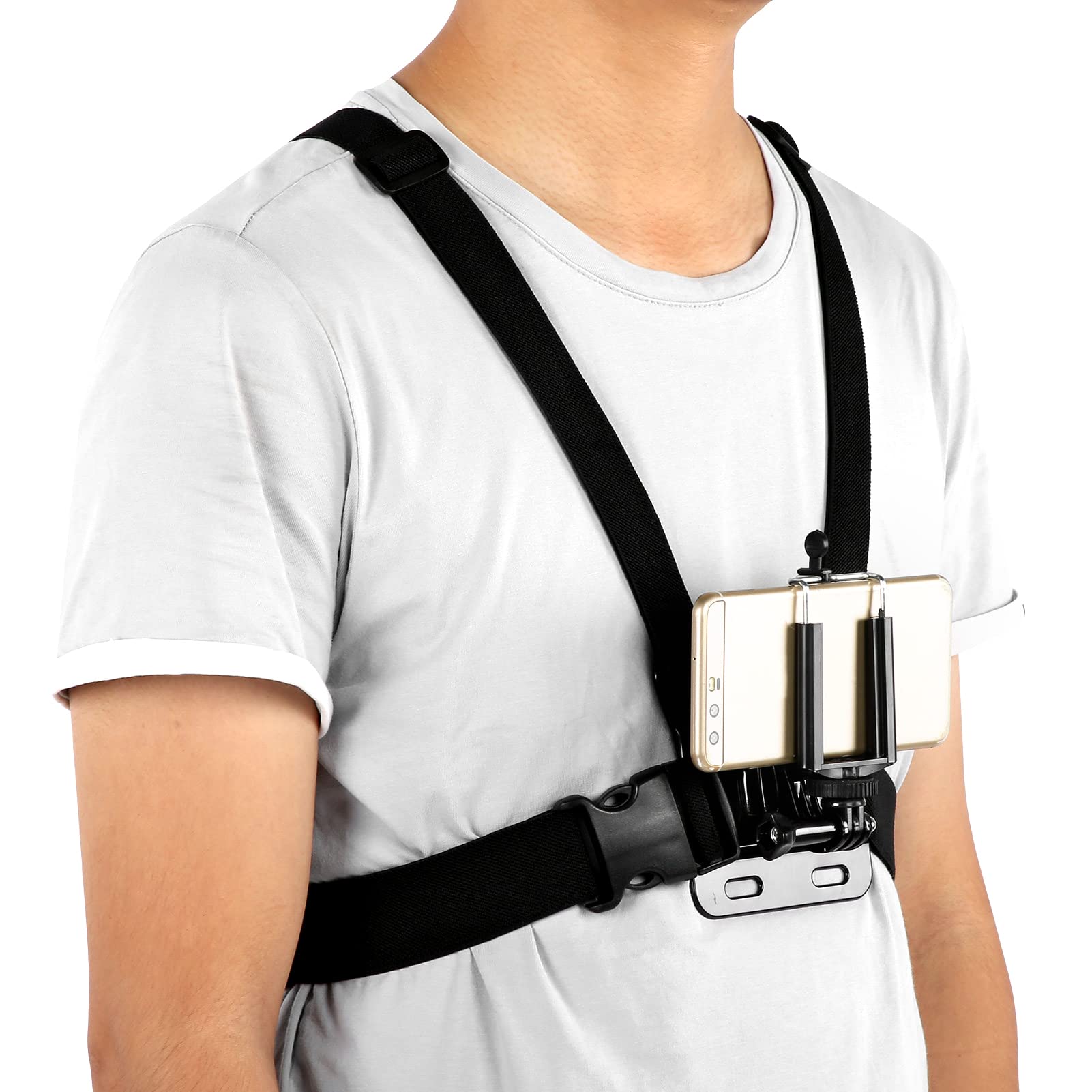 Bindpo Chest Mount for Camera, Phone & Black, Adjustable Chest Strap Holder with Clip, Compatible with Smartphone 5.5-8cm/2.2-3.1inches