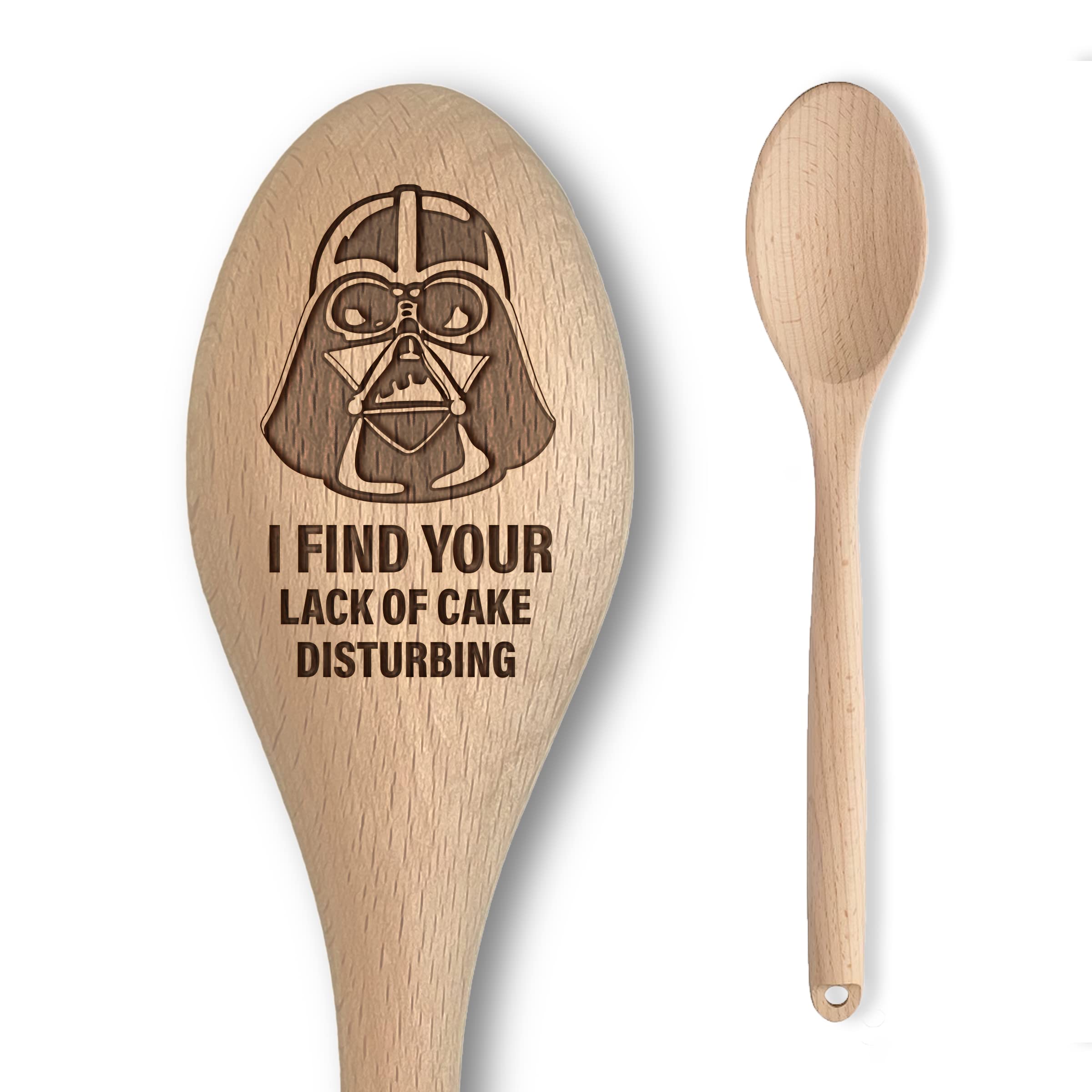 Space Wars Vader Inspired Wooden Spoon – “I find Your Lake of Cake Disturbing” Inscription – Funny Parody Cooking Baking Gift for Men & Women - Unofficial Fan Item (Lack of Cake)