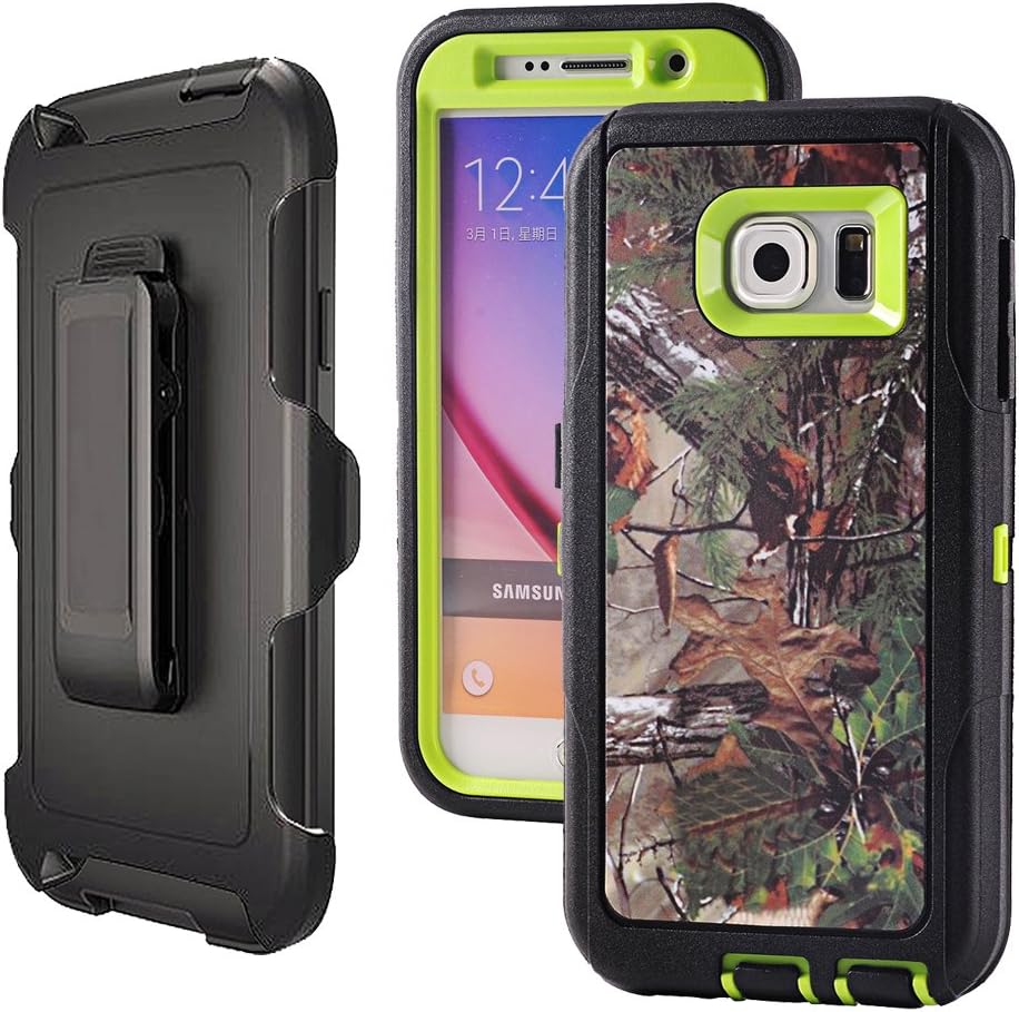 Galaxy S6,Harsel Heavy Duty Shockproof 3-Layer Military Outdoor Sport Rubber Camouflage Wood Design Defender Case Cover with Belt Clip Built-in Screen Protector for Samsung Galaxy S6(Forest-Green)