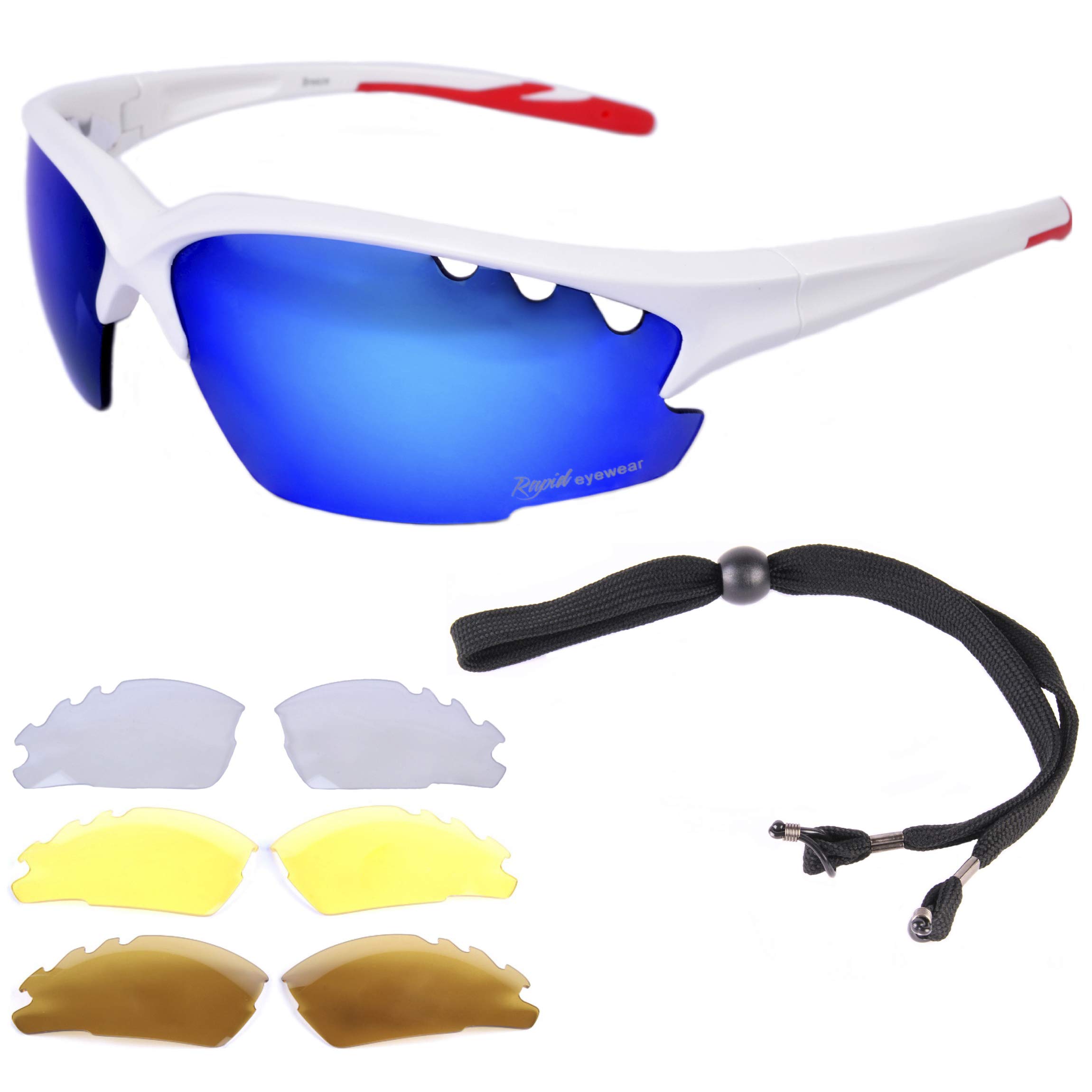Rapid Eyewear White CYCLING SUNGLASSES for Men & Women with Interchangeable Mirrored, Polarized and Low Light Lenses. Also Running, Triathlon and Ski Glasses. UV400 Anti Fog Protection lenses