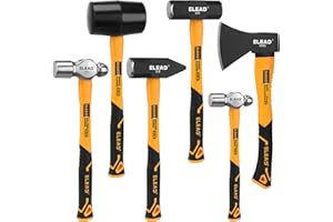ELEAD 6-Piece Mallet Hammer Set, Fiberglass Handle Forge Steel Head, 32oz Rubber Mallet & Ball Peen Hammers, 16oz Ball Peen Hammer, 3LB Sledge & Cross Peen Hammers, 600g Wood Split Axe