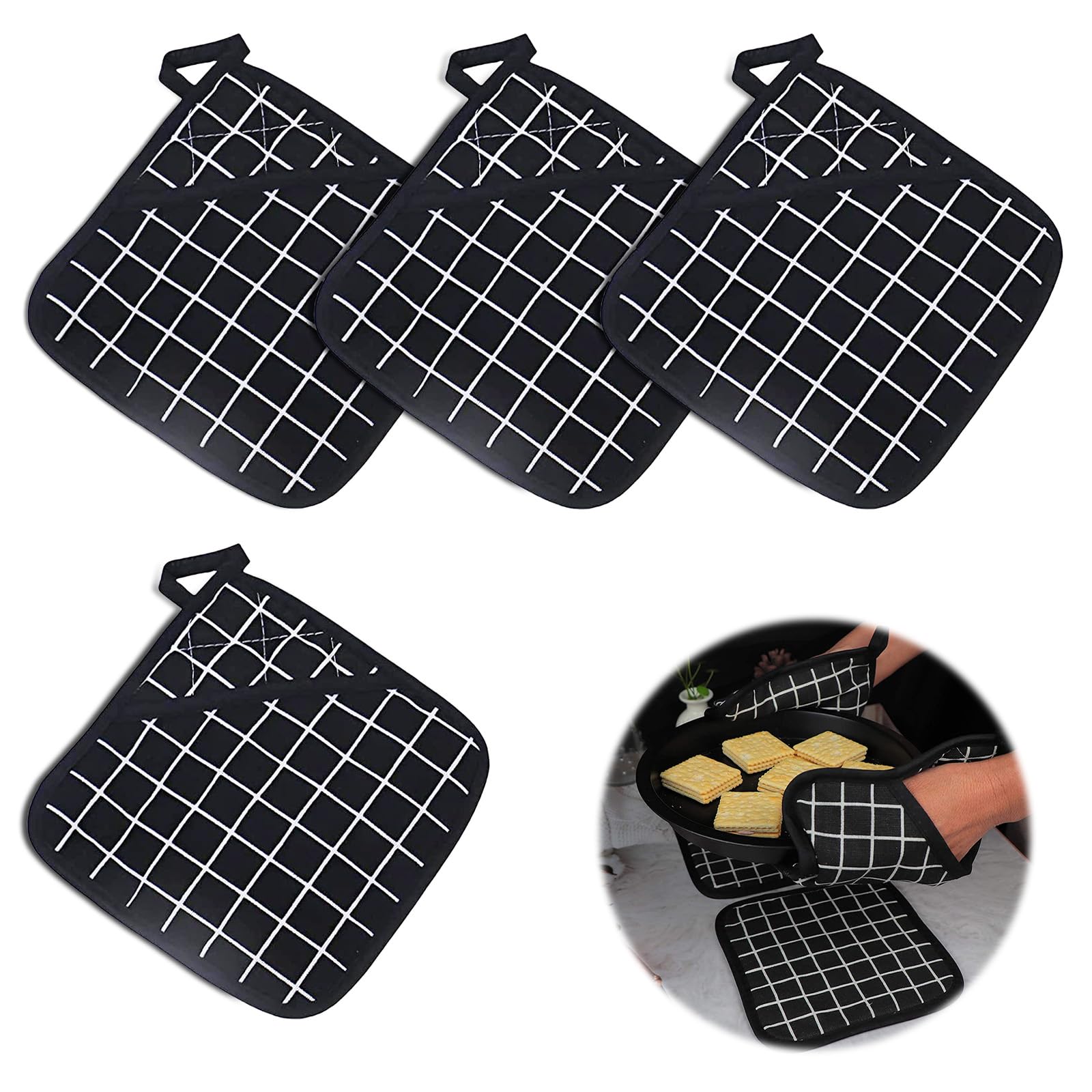 Black Lattice Cotton Heat Resistant Multifunction Pot Holders with Pocket - Oven Square Hot Pads for Table, Bowl, Cup - 4 Pcs