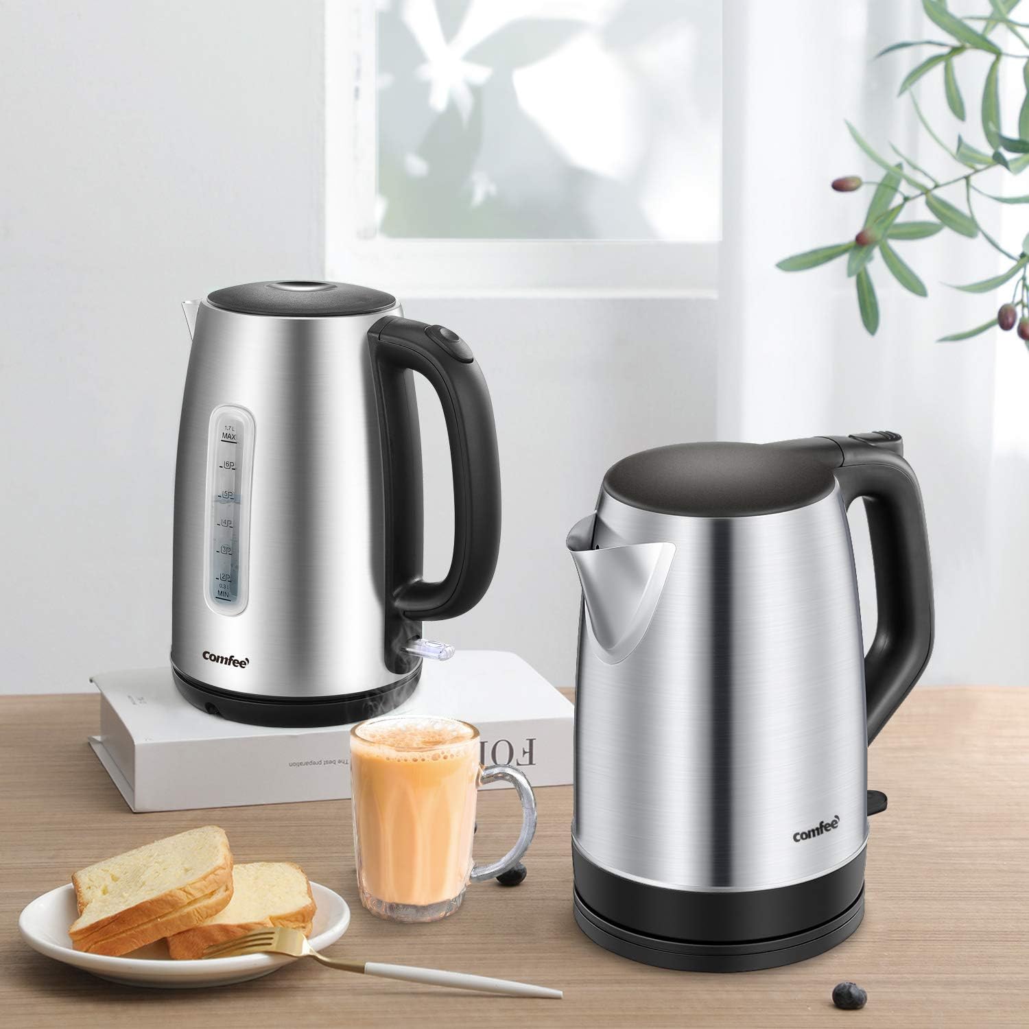 Comfee 1.7L Stainless Steel Electric Tea Kettle, BPA-Free Hot Water Boiler, Cordless with LED Light, Auto Shut-Off and Boil-Dry Protection, 1500W Fast Boil: Kitchen & Dining