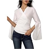 OYOANGLE Women's Wrap V Neck Split Long Sleeve Blouse Elegant Ruched Dressy Tops
