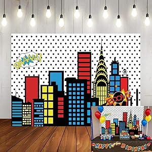 Art Studio 7x5ft Superhero Super City Photography Backdrops Skyline Buildings City Boom Photo Background Children Birthday Party Banner Photo Studio Booth Cake Table Decor Vinyl
