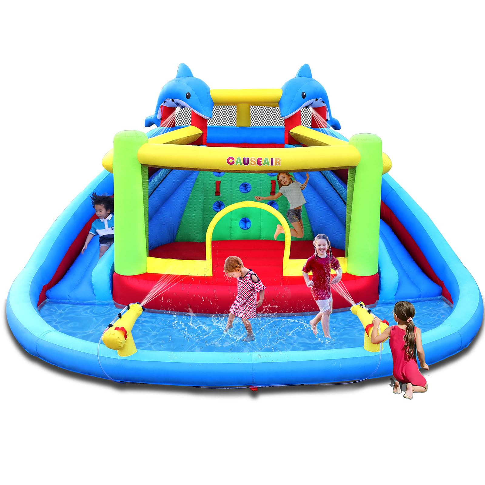 Photo 1 of Causeair Inflatable Bounce House with Slide,Dolphin Styling,Splashing Pool,Double Water Cannon,Climbing Wall,Heavy Duty GFCI Blower,Inflatable Water Park Slide for Kids Backyard Summer