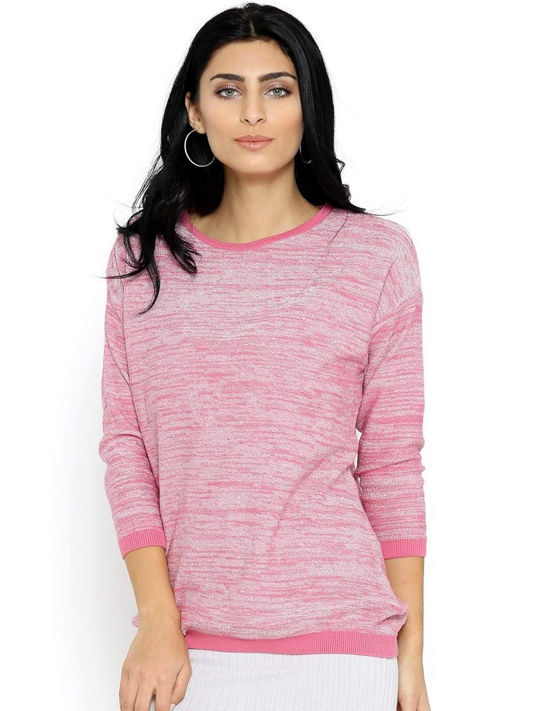 noi women pink & silver solid shimmer sweater