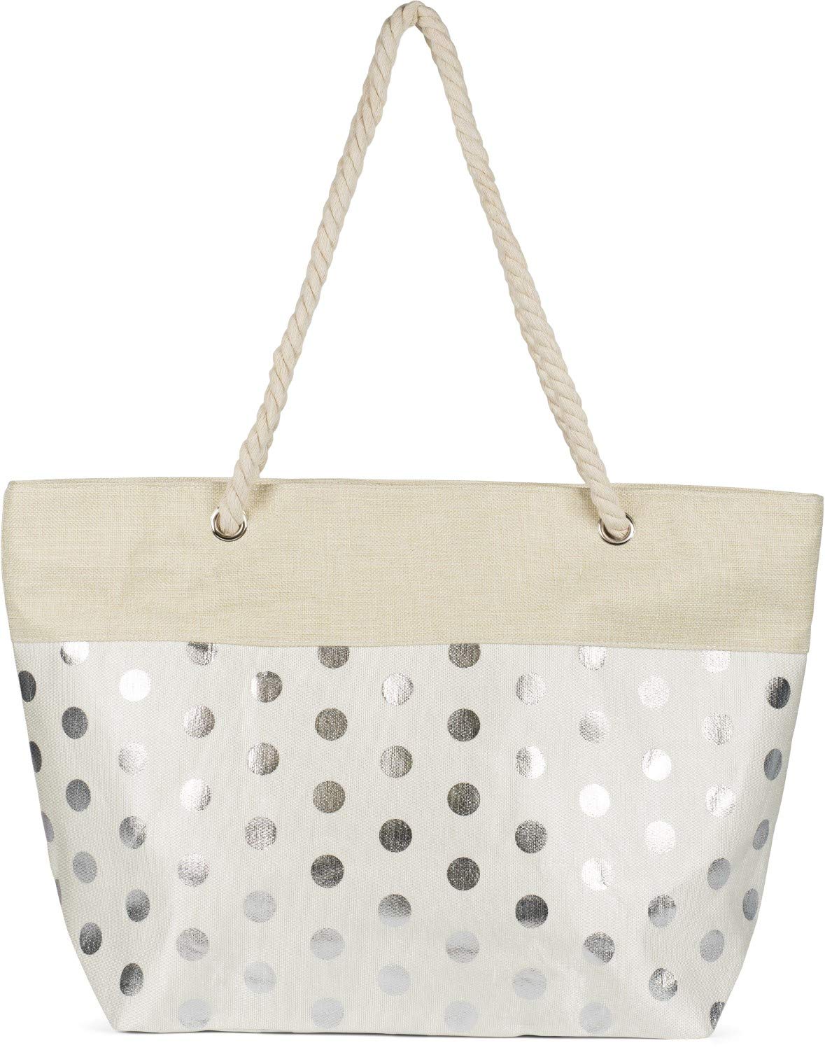 styleBREAKER Ladies XXL Large beach bag with metallic dot pattern and zipper, shoulder bag, shopper 02012342, Colour:Beige-Silver