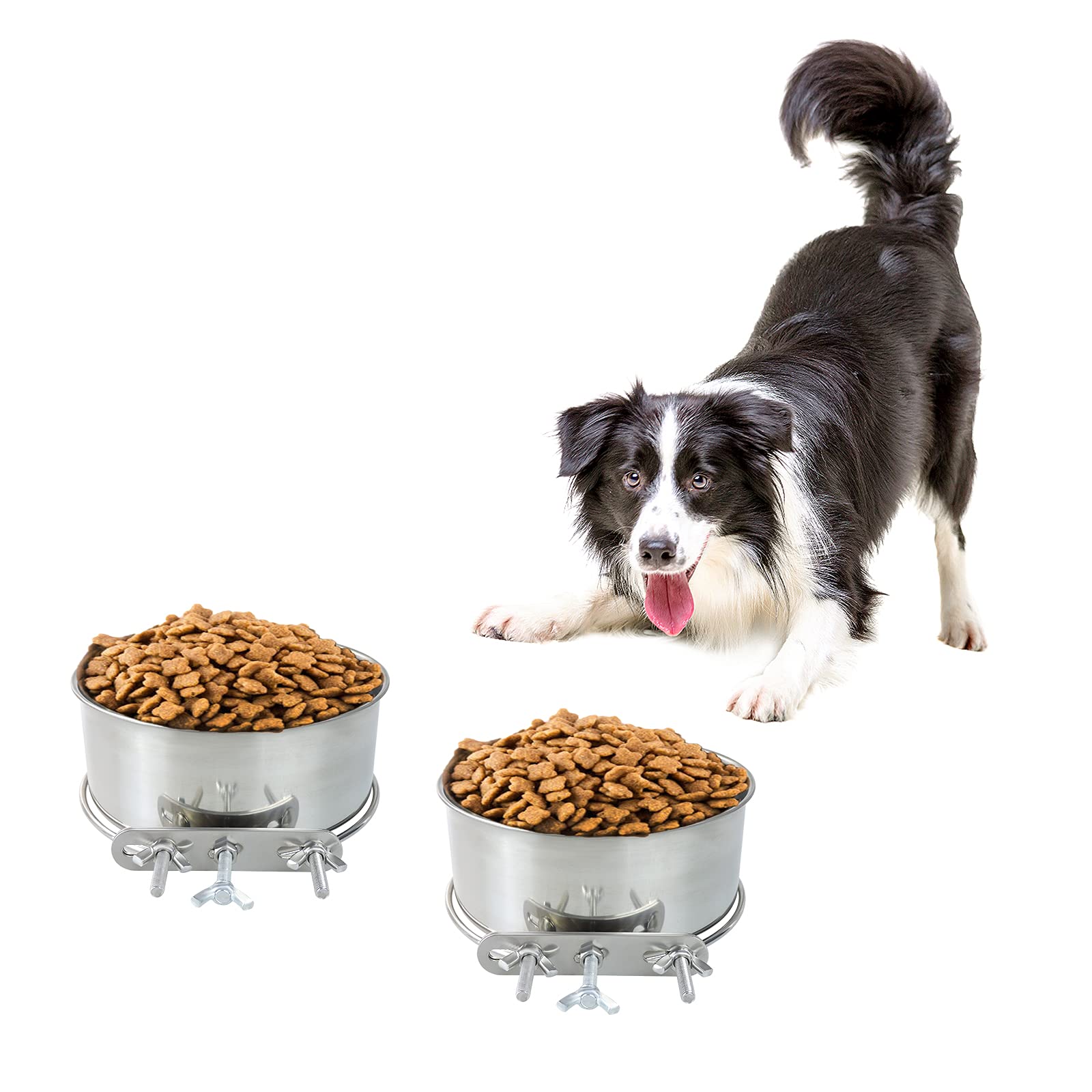 Andiker Stainless Steel Dog Bowls 2 Pack, Water and Feeding 5.5''& 6.2'' Pcs Durable Removable Hanging with Clamp Holder to Fix on Crate & Cage for Cat 6.5, Silver