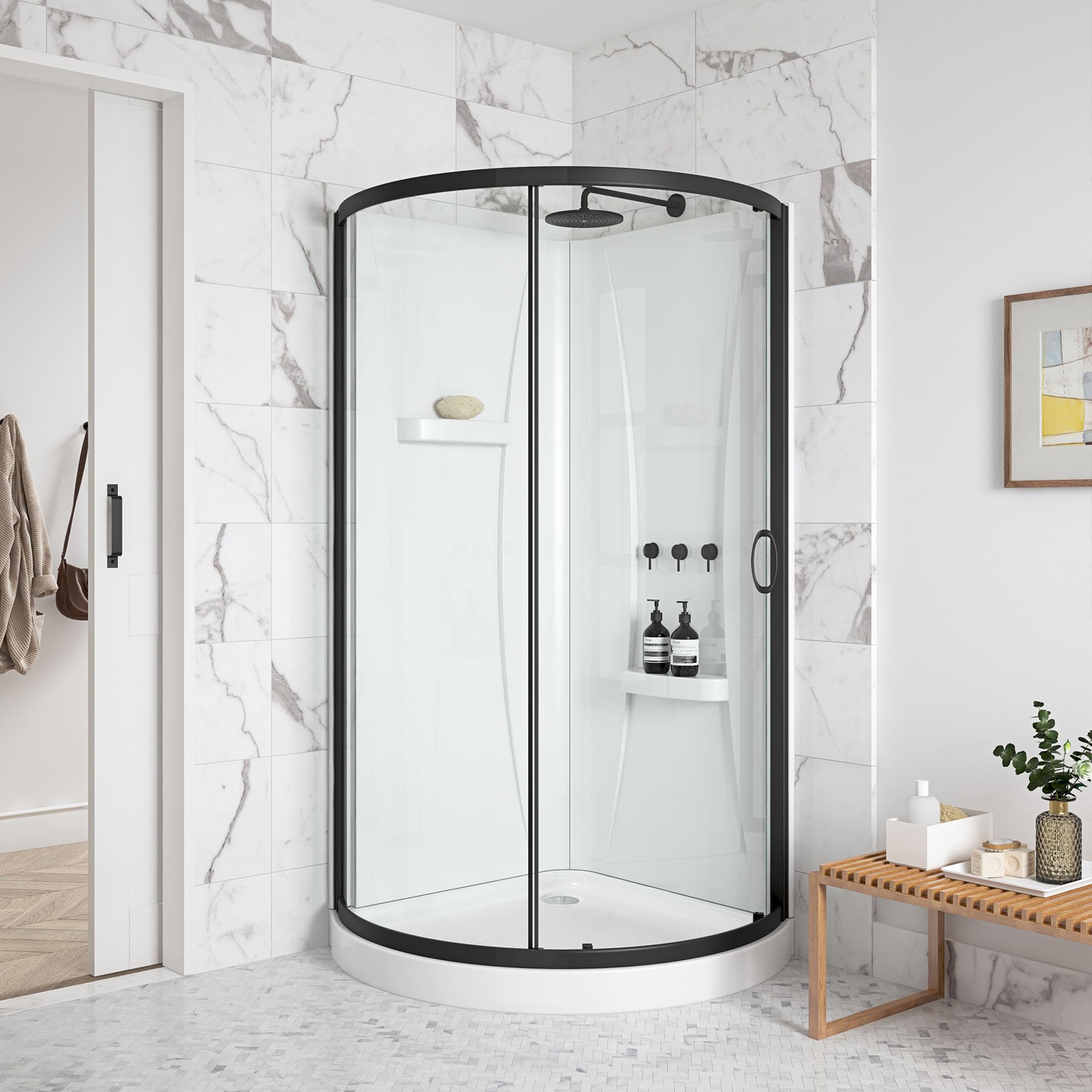 Photo 1 of OVE Decors Breeze 34 in. Corner Shower Clear Sliding Door with Walls and Base in Black Finish