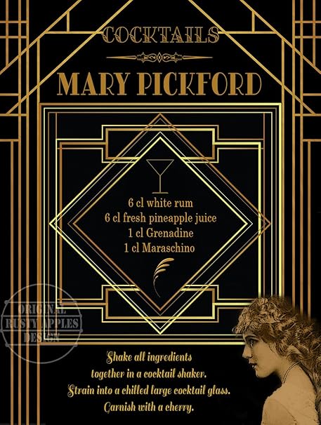 Placa de metal con texto en inglés «MARY PICKFORD» de 1920’S Art Deco COCKTAIL «MARY PICKFORD», para decoración de la casa: HOME BAR GIFT