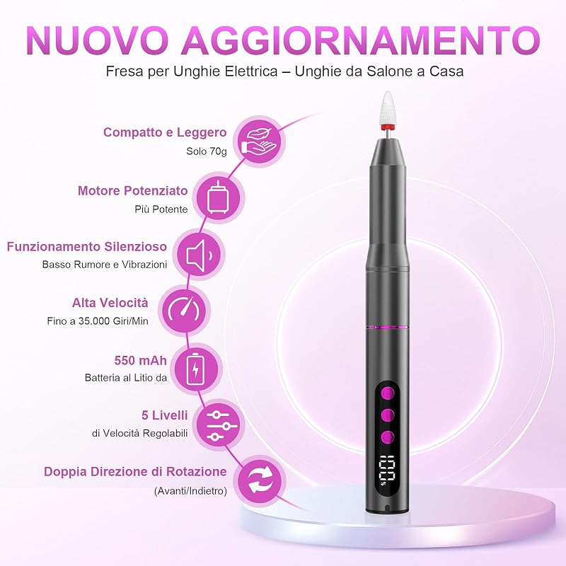 Fresa per Unghie Professionale Versione Aggiornata – Kit Trapano Unghie Elettrico 12 in 1, 35000 RPM con Display LCD, 5 Velocità Regolabili, per Unghie in Gel e Acrilico, Manicure e Pedicure