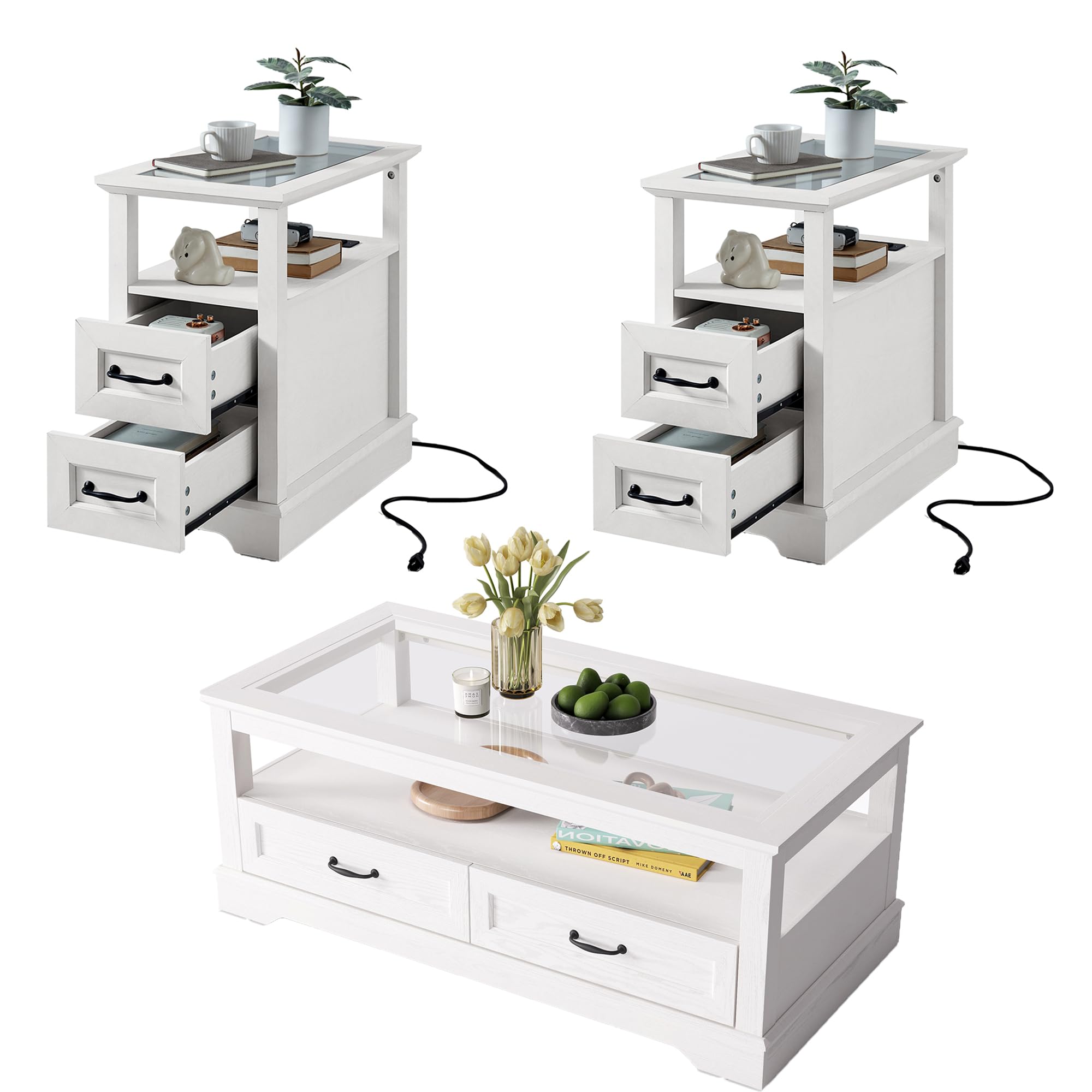 Photo 1 of ****PARTIAL SET**** LINSY HOME Modern Coffee Table Sets 3 Pieces, Living Room Table Set Include 47" Coffee Table, End Table Set of 2, White (3, Narrow End Table)