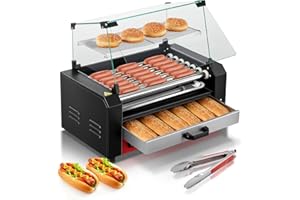 FOHERE Hot Dog Roller with Bun Warmer, 7 Rollers 18-24 Hot Dogs Capacity, 1250W Stainless Steel Hot Dog Machine with Dust Cover, 3 Temp Control, Removable Oil Drip Tray, for Home & Commercial