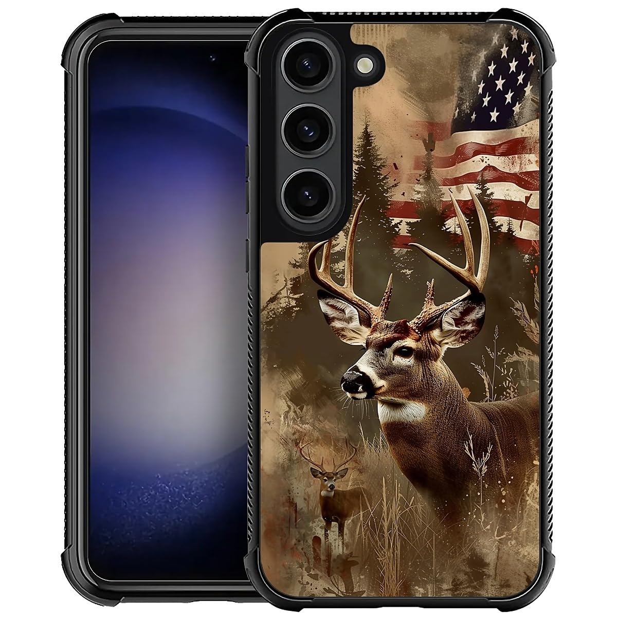 NONMY Phone Case Compatible with Samsung Galaxy S23 Plus- Wireless Charging Compatible,HH Hunting Deer Forest USA Flag TPU Bumper and Hard PC Pattern Back Case