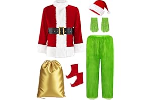 Blafly Christmas Costume for Men Santa Suit Adult 8PCS Deluxe Furry Green Giant Monster for Halloween Outfit Holiday Cosplay
