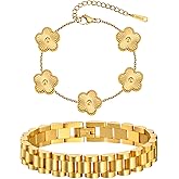 Stackable Gold Floral Bracelets Set , 2pcs 18K Gold Plated Bracelet Non-tarnish,Stainless Steel Link Chain Friendship Bracelet,Watch Band Trendy Jewelry,Christmas Valentines Birthday Gifts for Women