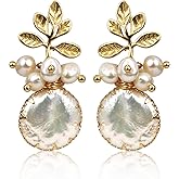 zqhhyy 18k Gold Baroque White Big Pearl Drop Earrings For Women Handmade Trendy Comfy Real Freshwater Pearls Aesthetic Life Tree Dangle Earrings Engaged Wedding Bridesmaid Hanging Jewelry