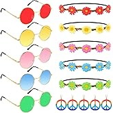 Morcheiong 30 Pcs Hippie Costume Accessory Set Includes Multicolor Daisy Flower Headbands,Round Hippie Sunglasses and Peace Sign Necklaces for 60s 70s Hippie Party Supplies
