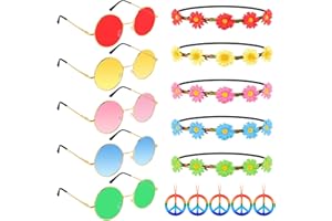 Morcheiong 15 Pcs Hippie Costume Accessory Set Includes Multicolor Daisy Flower Headbands,Round Hippie Sunglasses and Peace S