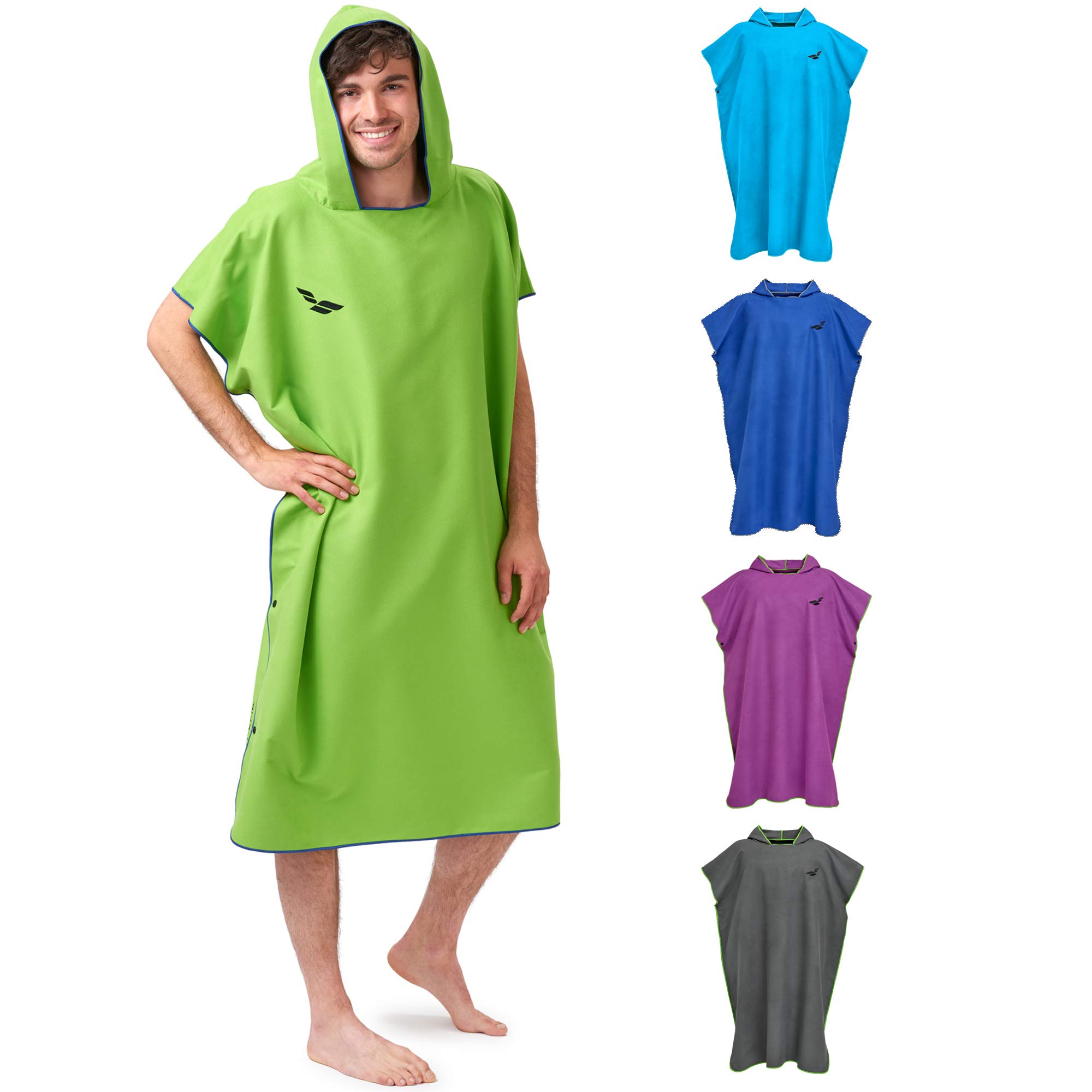 Fit-Flip Poncho Towel - Microfibre Changing Robe Adult - Swim and Surf Beach Robes - Quick Dry Hooded Swimming Towel for Men and Women - size M, Green-Darkblue